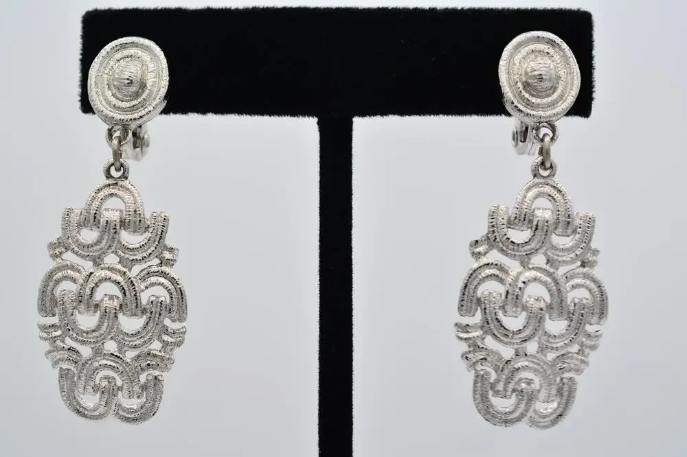 Monet Vintage Brushed Silver Openwork Scroll Dangle Clip On Earrings 1980s BinAF